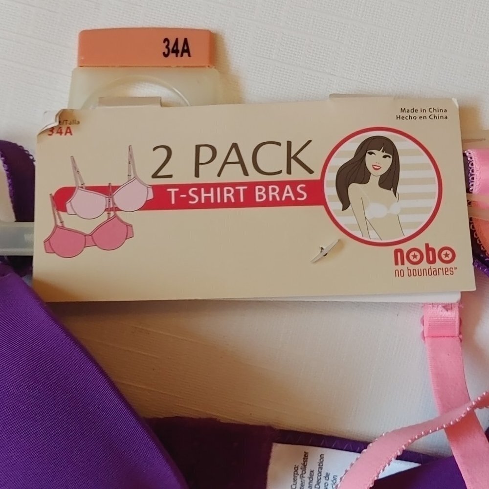 2 PACK T-SHIRT BRAS nobo no boundaries Women's Size 34A Purple Pink - Picture 2 of 3